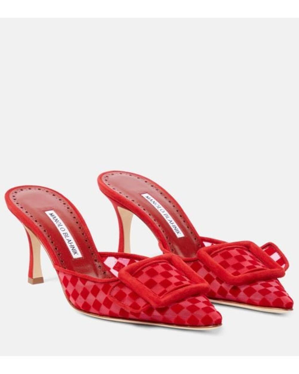 MANOLO BLAHNIK Maysalebi 70 Suede and Mesh Mules in Red - 7.5